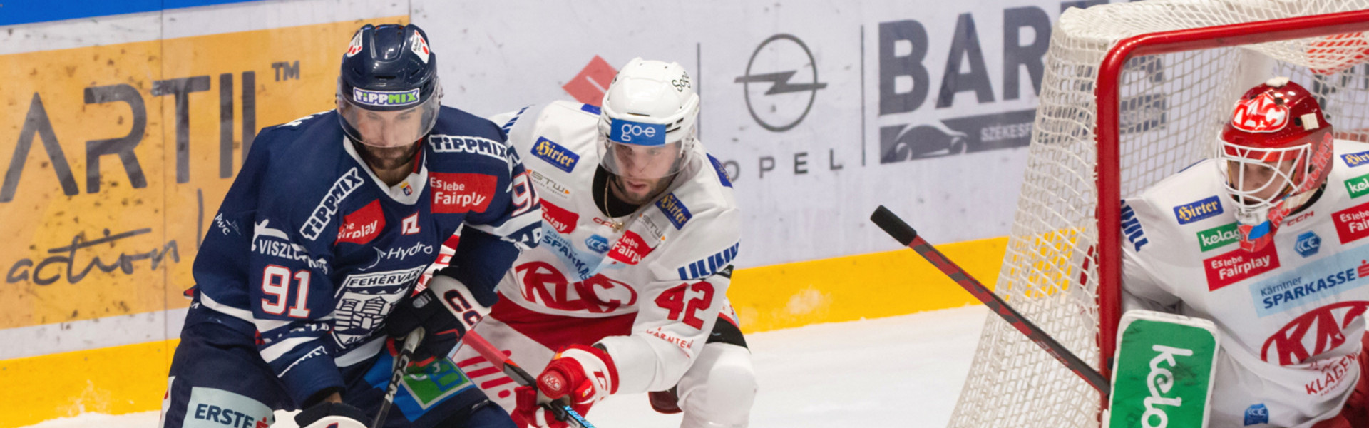 Alex Petan (AVS) und Rok Tičar (KAC), zwei der Torschützen im Duell Fehérvár AV19 gegen EC-KAC