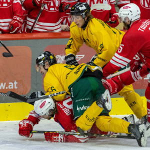 Harte Bandagen im Spiel der AHL-Qualifikationsrunde zwischen dem EC-KAC Future Team und dem EHC Lustenau